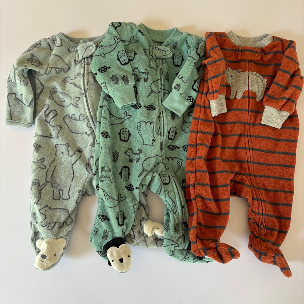 Carters Fleece Footie Pajamas Lot of 3 Newborn Gender Neutral Two Way Zipper